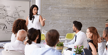 A businesswoman stands in front of her colleagues as she presents and points to a whiteboard.