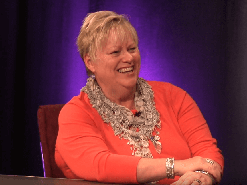 Host of "Cape Conversations," Melinda Gallant, laughs while discussing vision related services with Dina Rosenbaum of the Carroll Center for the Blind.