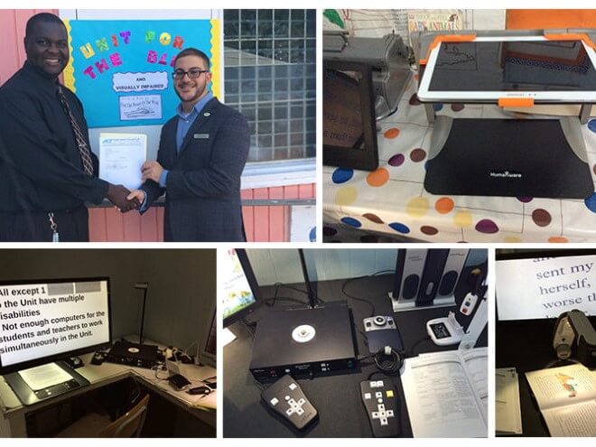 A collage of five photos; many contain various assistive technology devices that were donated.
