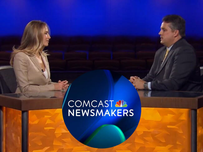 Comcast Newsmakers host, Jenny Johnson, sits across from Carroll Center for the Blind President and CEO, Greg Donnelly.