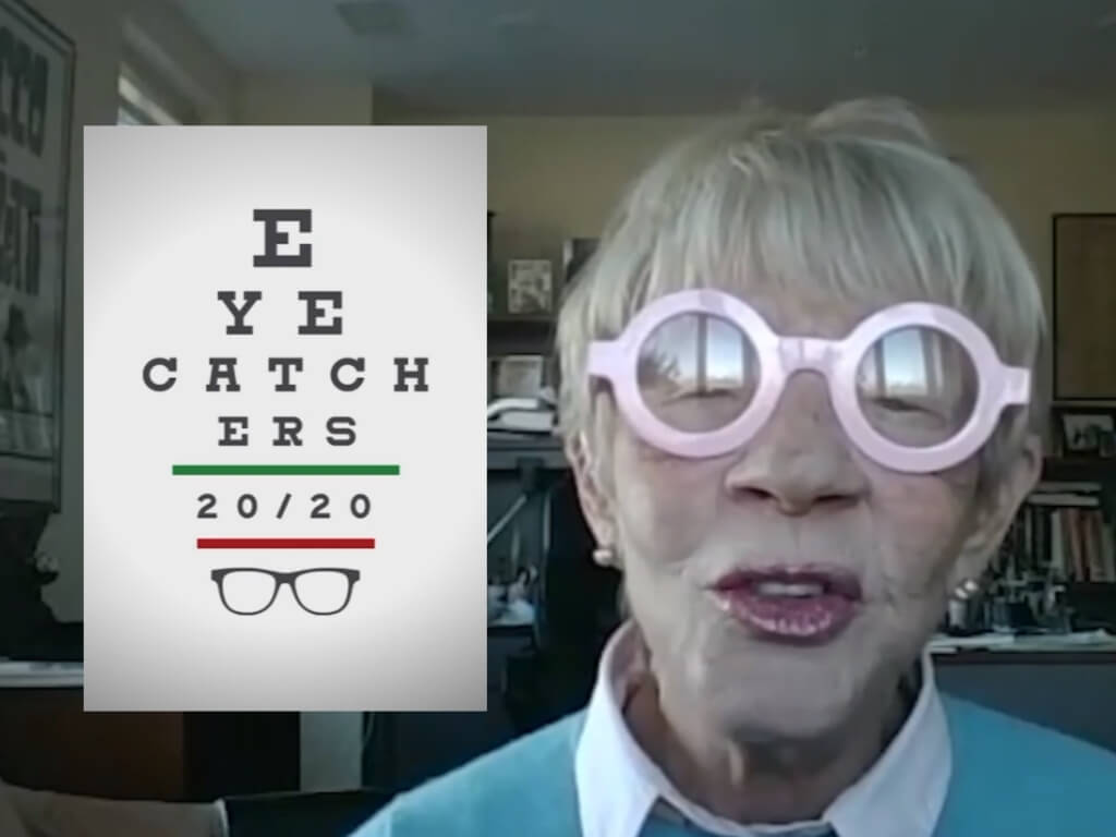 Beside the Eye Catchers 20/20 logo is host Carol Bortman who has short hair and is wearing round, pink glasses.