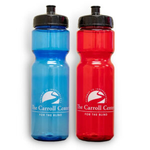 A solid red and solid blue transparent plastic Carroll Center for the Blind Water Bottle side by side. Each has the Carroll Center for the Blind logo and website URL in white.
